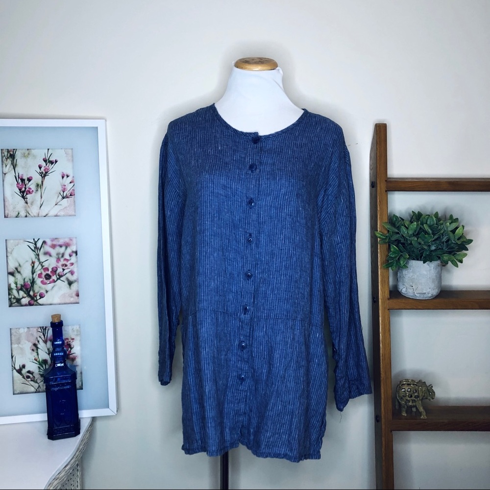 FLAX Linen Blue Button Up Oversized Tunic